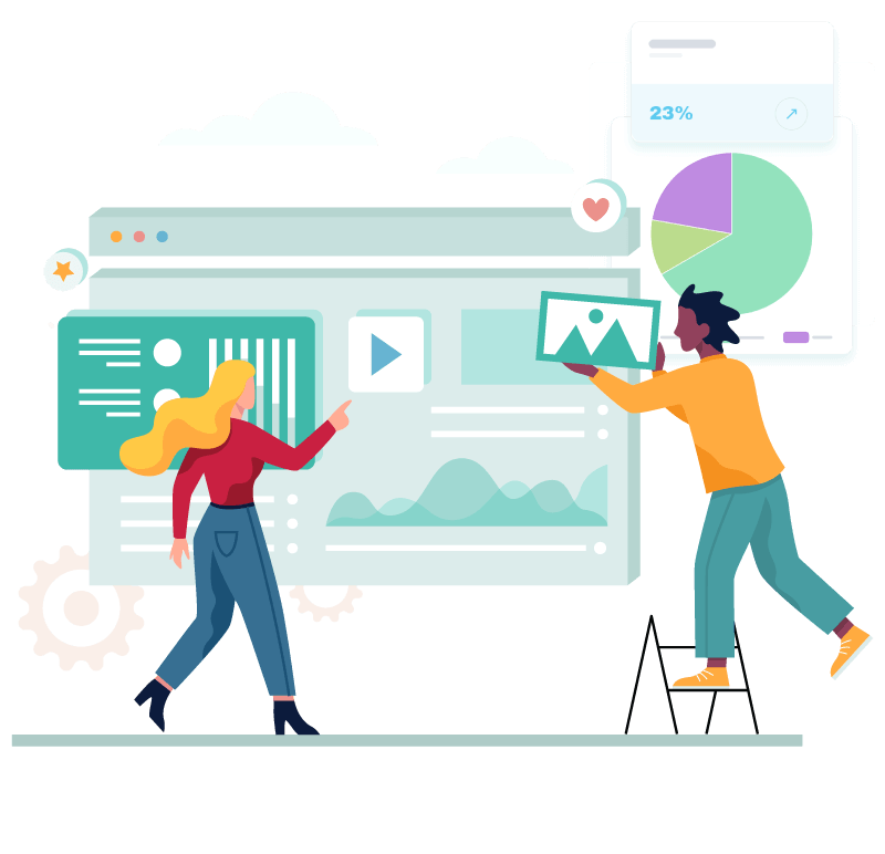Web development and analytics illustration depicting web design and data-driven marketing strategies for multiple digital channels