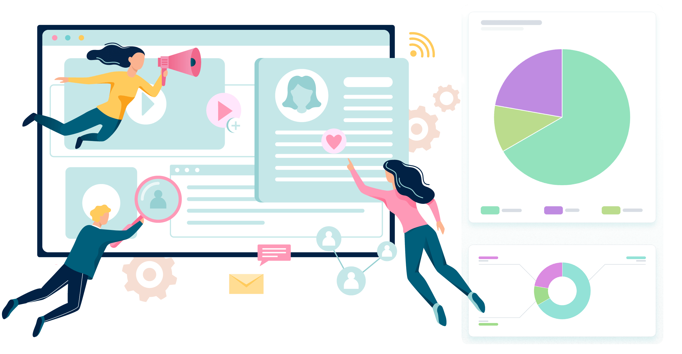 Web design and analytics illustration depicting web development and data-driven digital marketing strategies